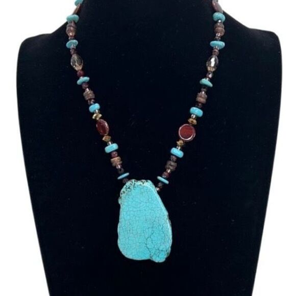 Vtg Glass & Stone Beaded Statement Necklace 9" Multicolor Howlite Stone Pendant - Picture 3 of 8